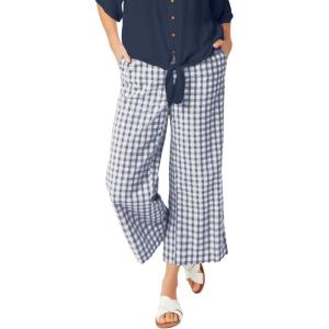 ellos Plus Size 100% Cotton Wide Leg Gingham Seersucker Back Elastic Waist Crop Pants(Navy White Gingham)