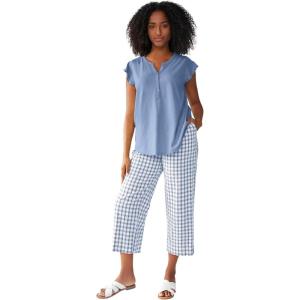 ellos Plus Size 100% Cotton Wide Leg Gingham Seersucker Back Elastic Waist Crop Pants(Pale Indigo White Gingham)