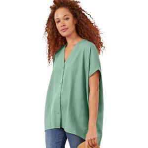 ellos Plus Size Linen-Blend V-Neck Button-Front Dolman Sleeve Oversized Tunic(Antique Jade)