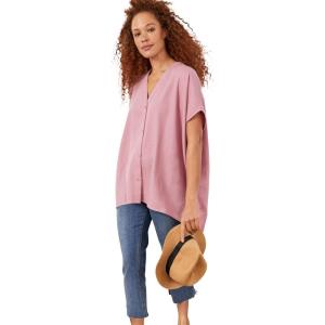 ellos Plus Size Linen-Blend V-Neck Button-Front Dolman Sleeve Oversized Tunic(Dusty Pink)