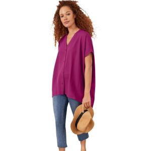 ellos Plus Size Linen-Blend V-Neck Button-Front Dolman Sleeve Oversized Tunic(Raspberry)