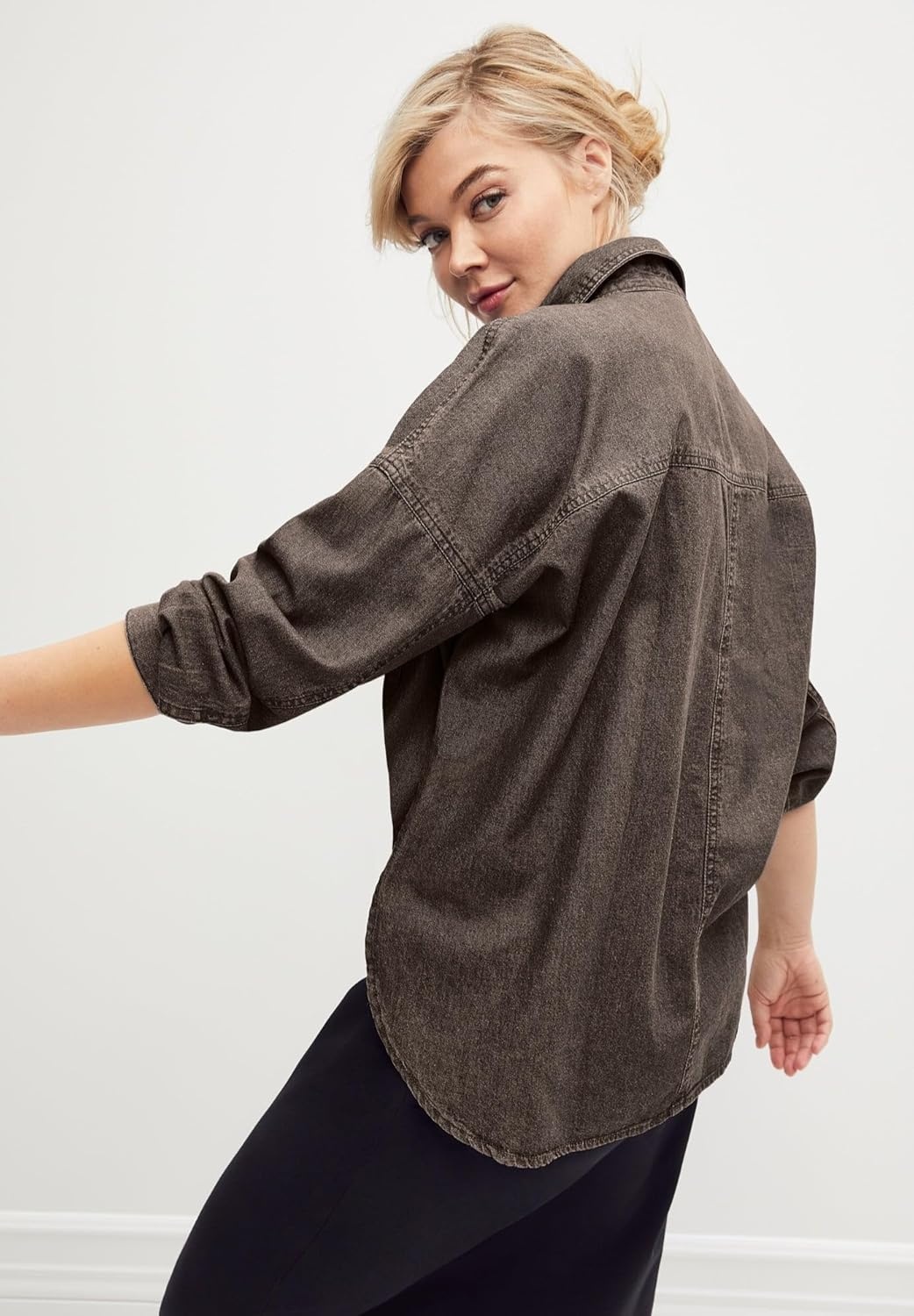 image:imageellos Plus Size 100 Cotton Denim Oversized ButtonFront Collared ShirtDark Grey Wash