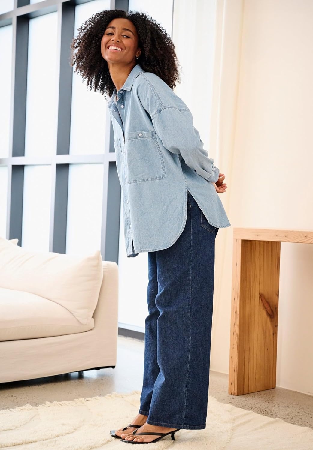 image:imageellos Plus Size 100 Cotton Denim Oversized ButtonFront Collared ShirtLight Stonewash