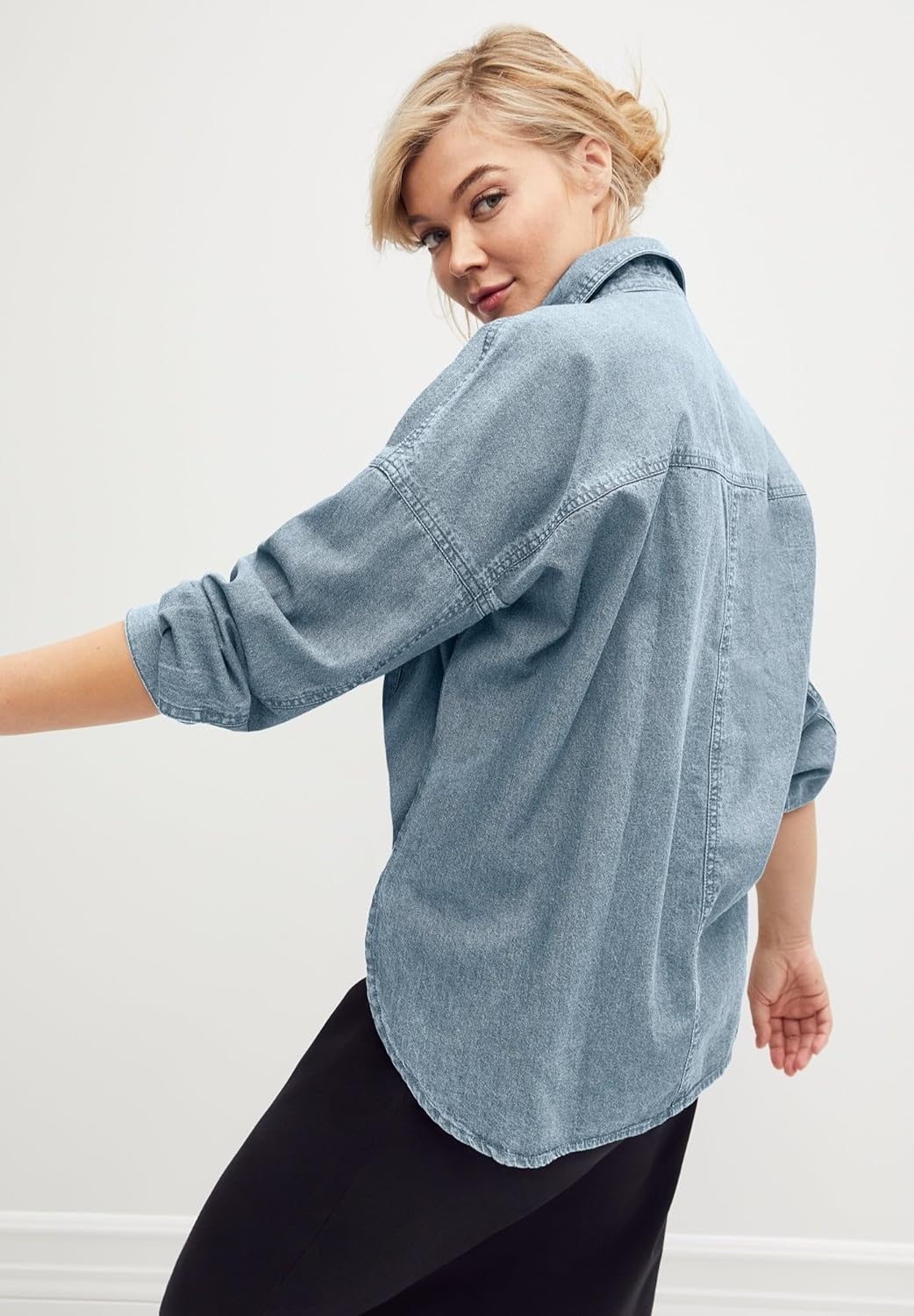 image:imageellos Plus Size 100 Cotton Denim Oversized ButtonFront Collared ShirtLight Stonewash
