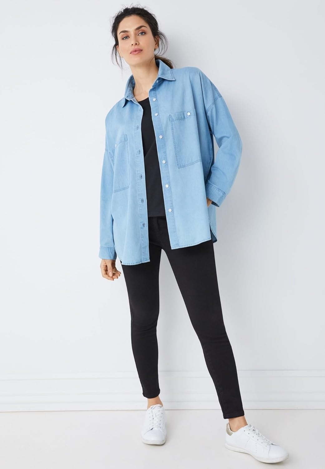 image:imageellos Plus Size 100 Cotton Denim Oversized ButtonFront Collared ShirtLight Stonewash