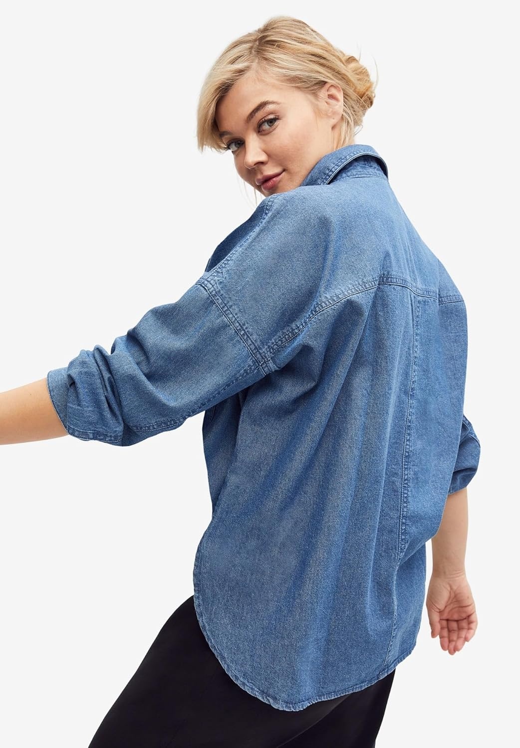 image:imageellos Plus Size 100 Cotton Denim Oversized ButtonFront Collared ShirtMedium Stonewash