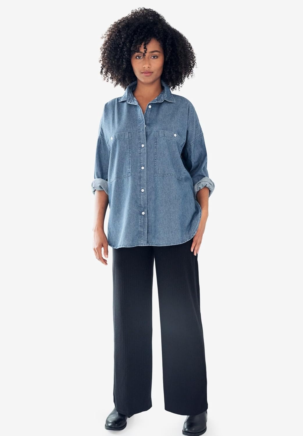 image:imageellos Plus Size 100 Cotton Denim Oversized ButtonFront Collared ShirtStonewash