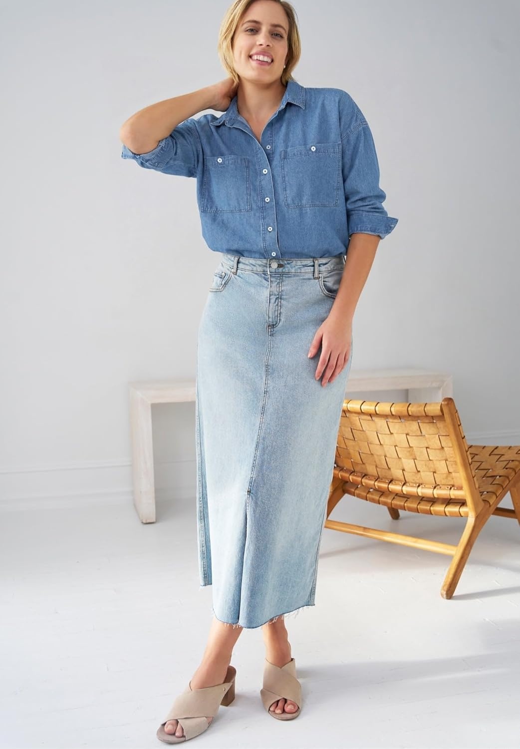 image:imageellos Plus Size 100 Cotton Denim Oversized ButtonFront Collared ShirtStonewash
