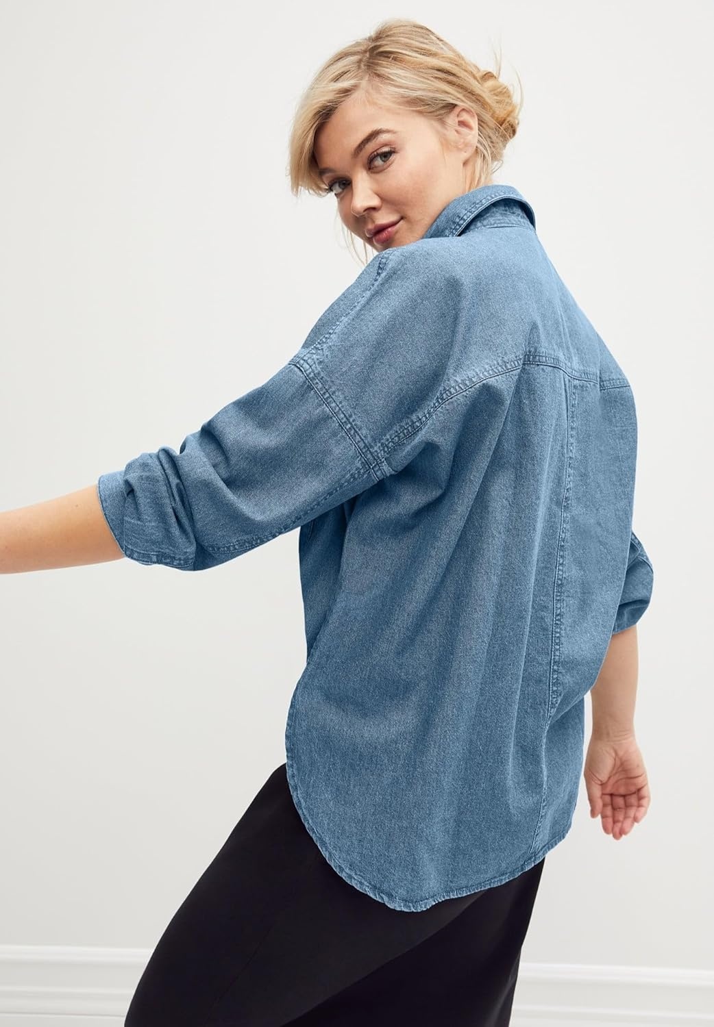 image:imageellos Plus Size 100 Cotton Denim Oversized ButtonFront Collared ShirtStonewash