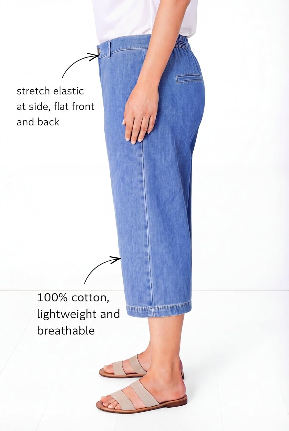 image:imageellos Plus Size 100 Cotton MidRise Lightweight Denim Elastic Waist WideLeg Crop Trouser JeansLight Stonewash