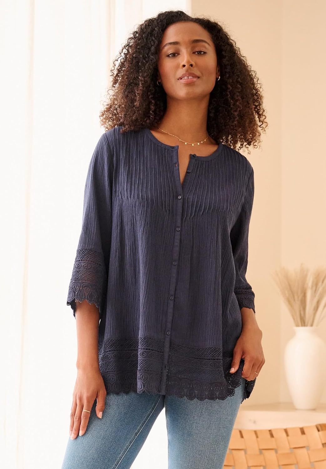 image:imageellos Plus Size Crochet Trim BlouseNavy