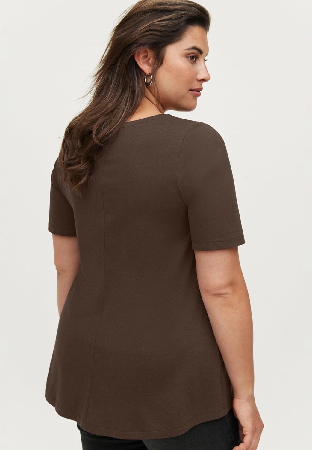 image:imageellos Plus Size Stretch Jersey Knit ALine Relaxed VNeck Short Sleeve TunicChocolate