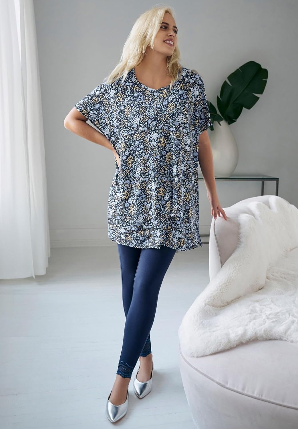 image:imageellos Plus Size Stretch Jersey Knit VNeck Oversized TunicBlack Blue Lake Abstract