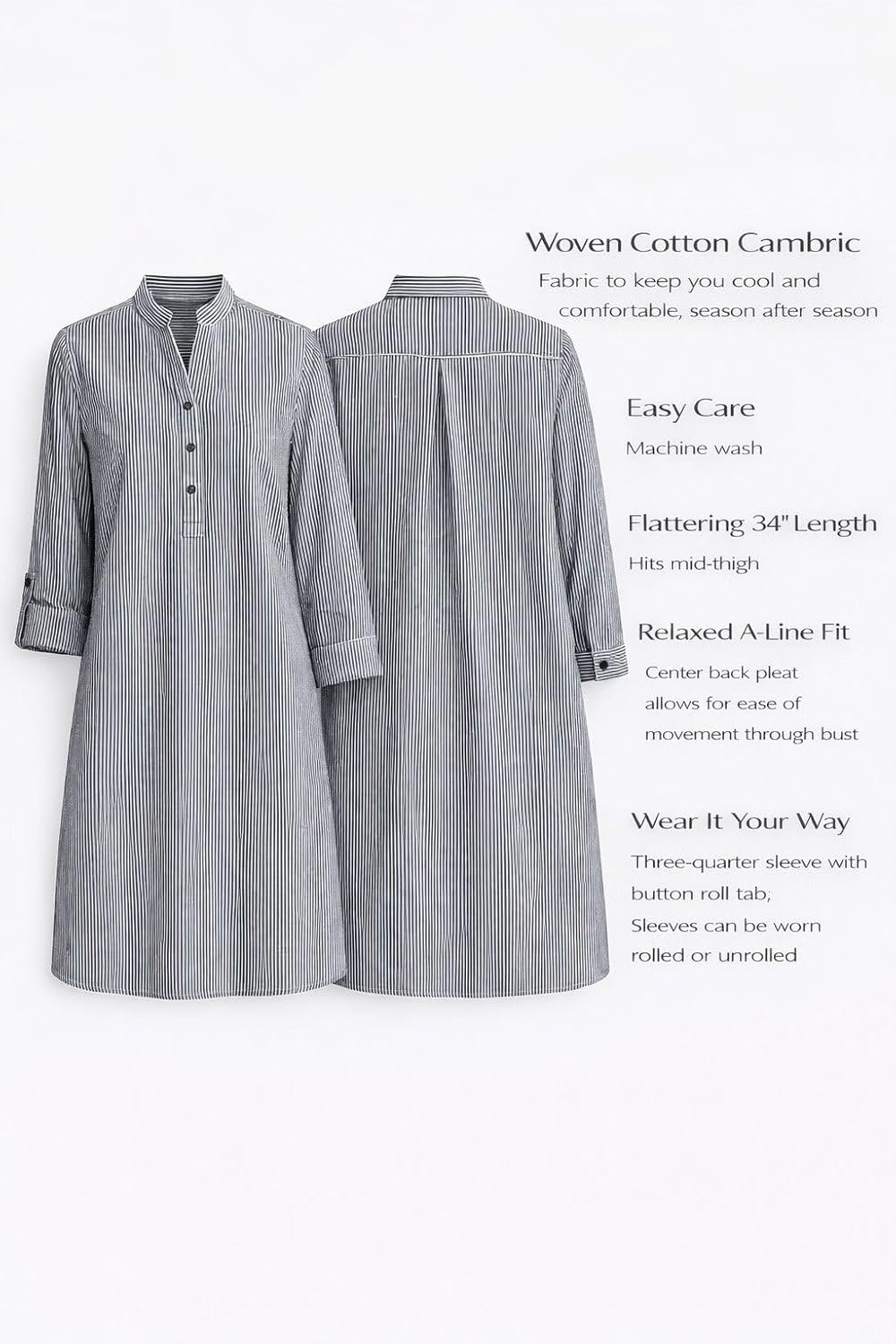 image:imageellos Womens Plus Size Striped Henley Tunic Oversized Long Top Wear with LeggingsBlack White Plaid