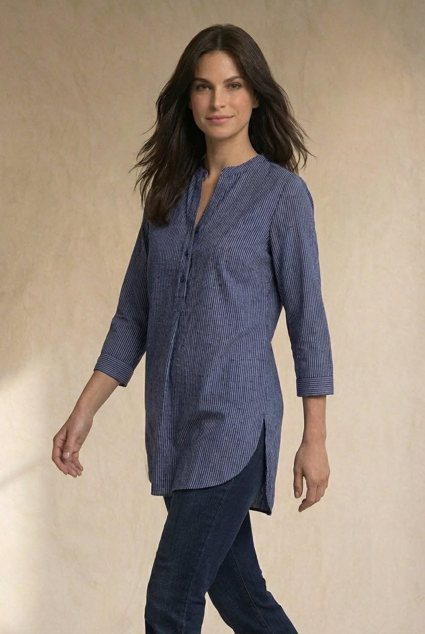 image:imageellos Womens Plus Size Striped Henley Tunic Oversized Long Top Wear with LeggingsBlack White Plaid