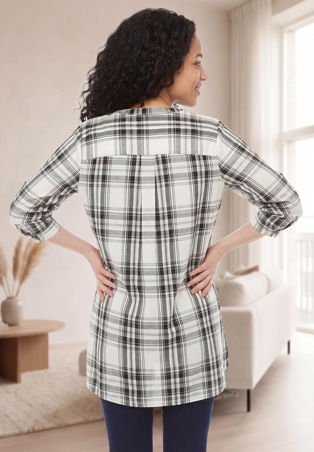 image:imageellos Womens Plus Size Striped Henley Tunic Oversized Long Top Wear with LeggingsBlack White Plaid