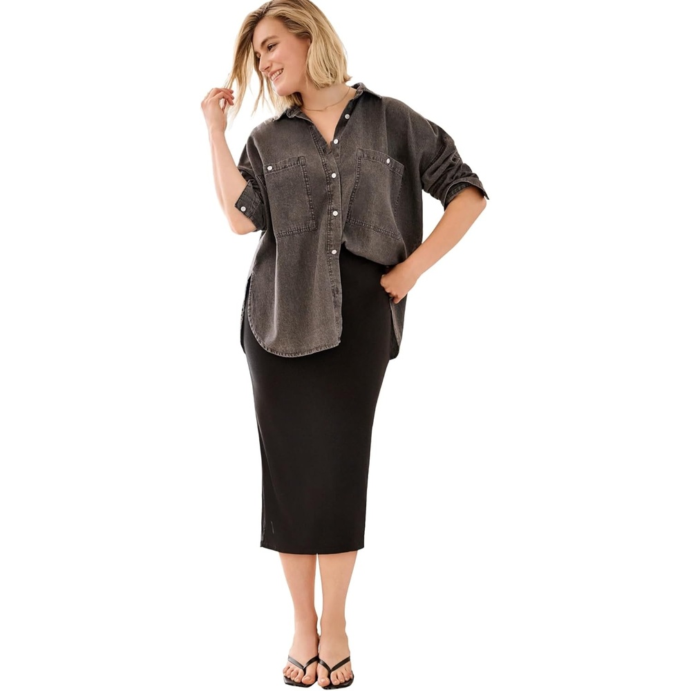 image:imageellos Plus Size 100 Cotton Denim Oversized ButtonFront Collared ShirtDark Grey Wash