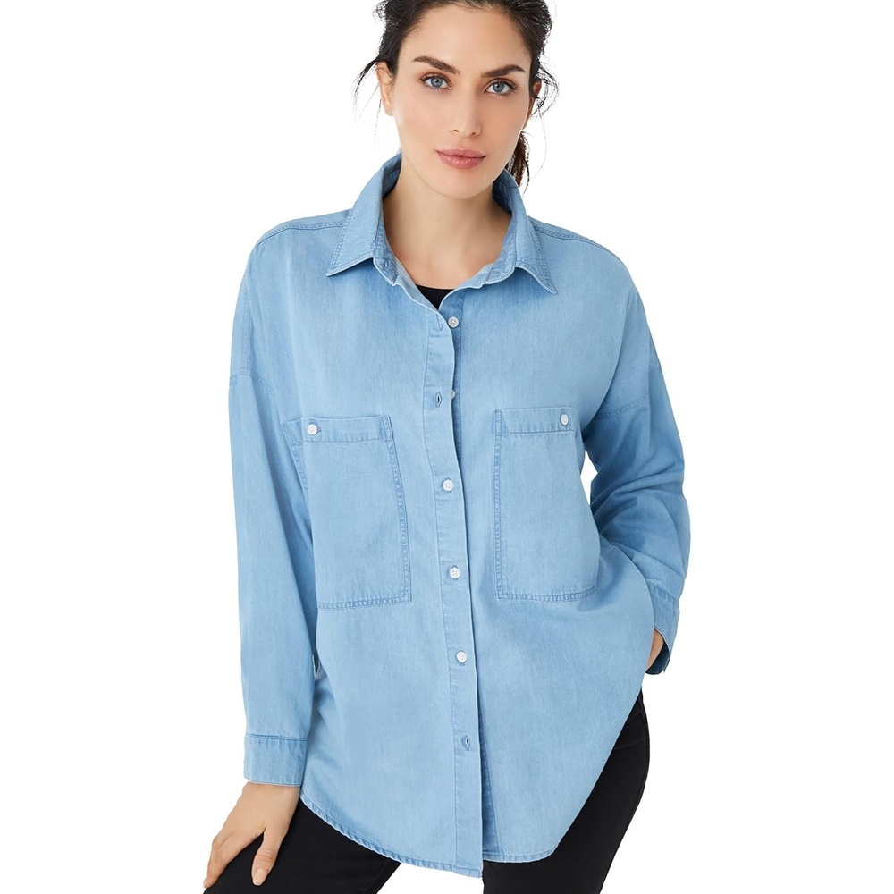 image:imageellos Plus Size 100 Cotton Denim Oversized ButtonFront Collared ShirtLight Stonewash