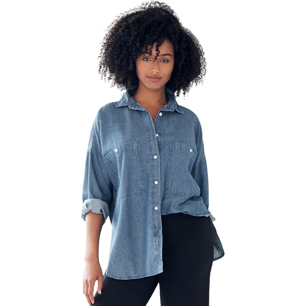 image:imageellos Plus Size 100 Cotton Denim Oversized ButtonFront Collared ShirtMedium Stonewash