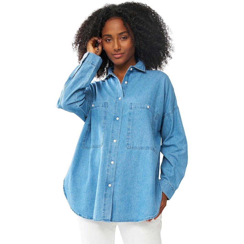 image:imageellos Plus Size 100 Cotton Denim Oversized ButtonFront Collared ShirtStonewash