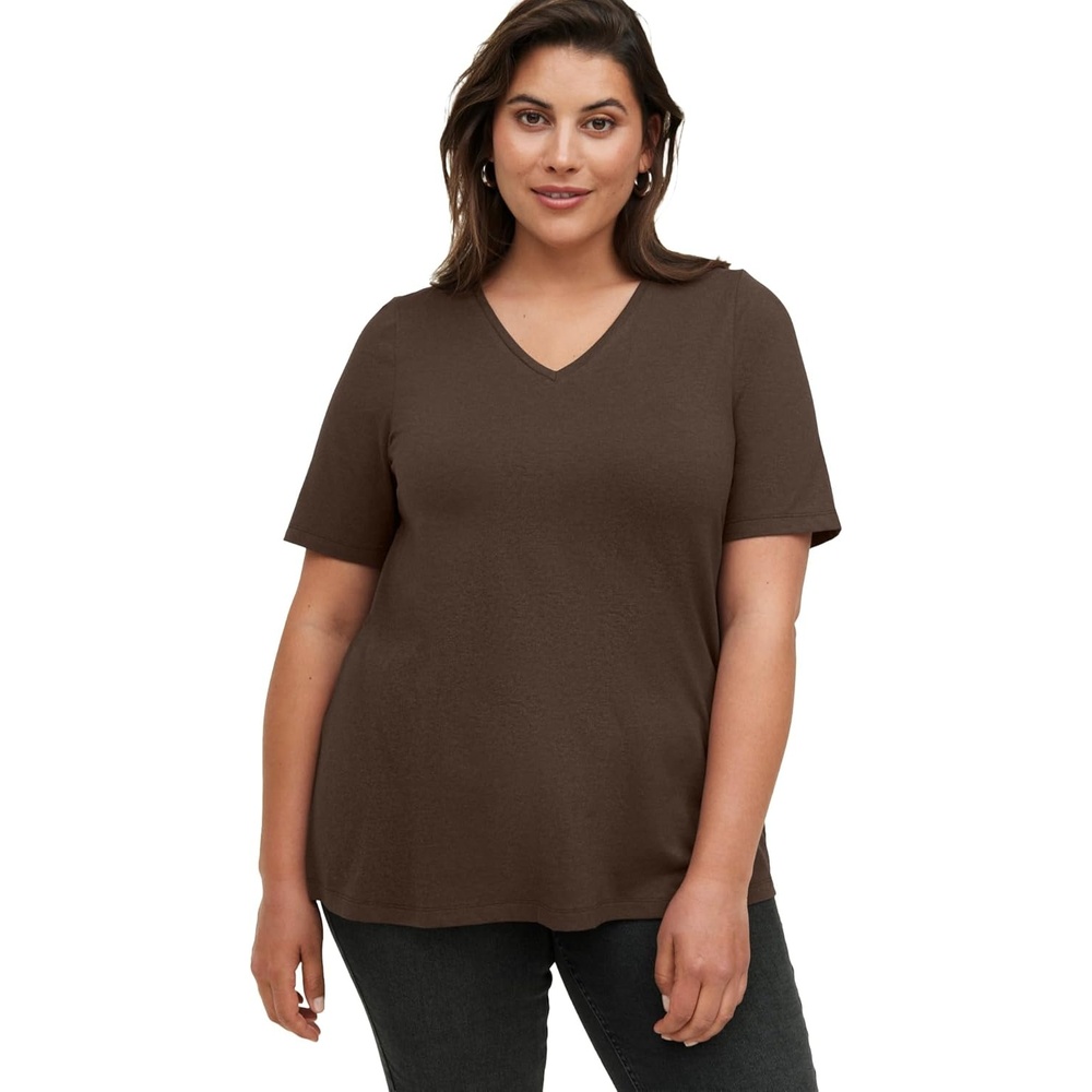 image:imageellos Plus Size Stretch Jersey Knit ALine Relaxed VNeck Short Sleeve TunicChocolate