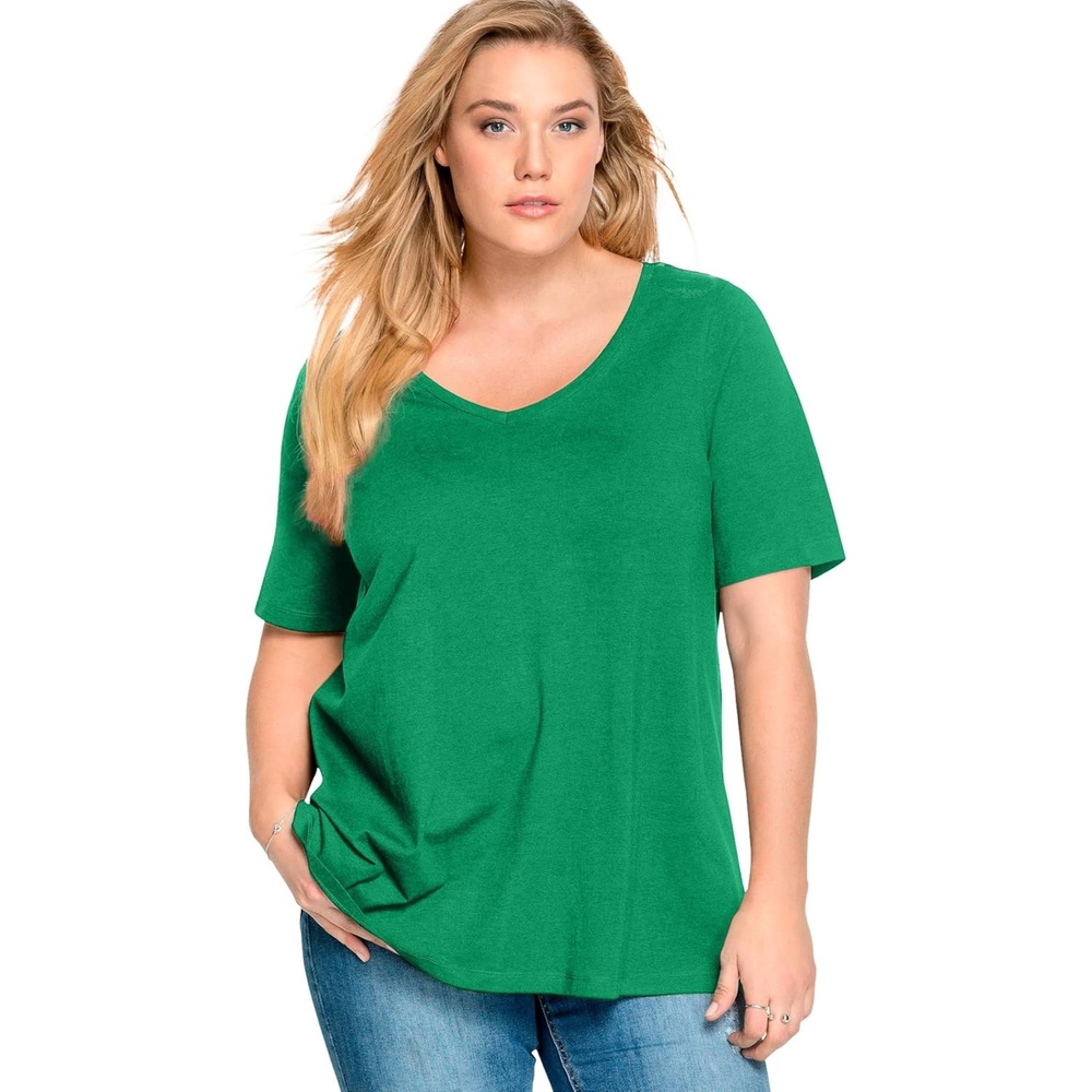 image:imageellos Plus Size Stretch Jersey Knit ALine Relaxed VNeck Short Sleeve TunicKelly Green