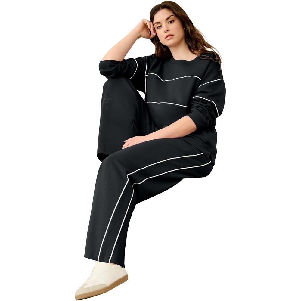 image:imageellos Plus Size Studio Piped Wide Leg Fleece SweatpantsBlack