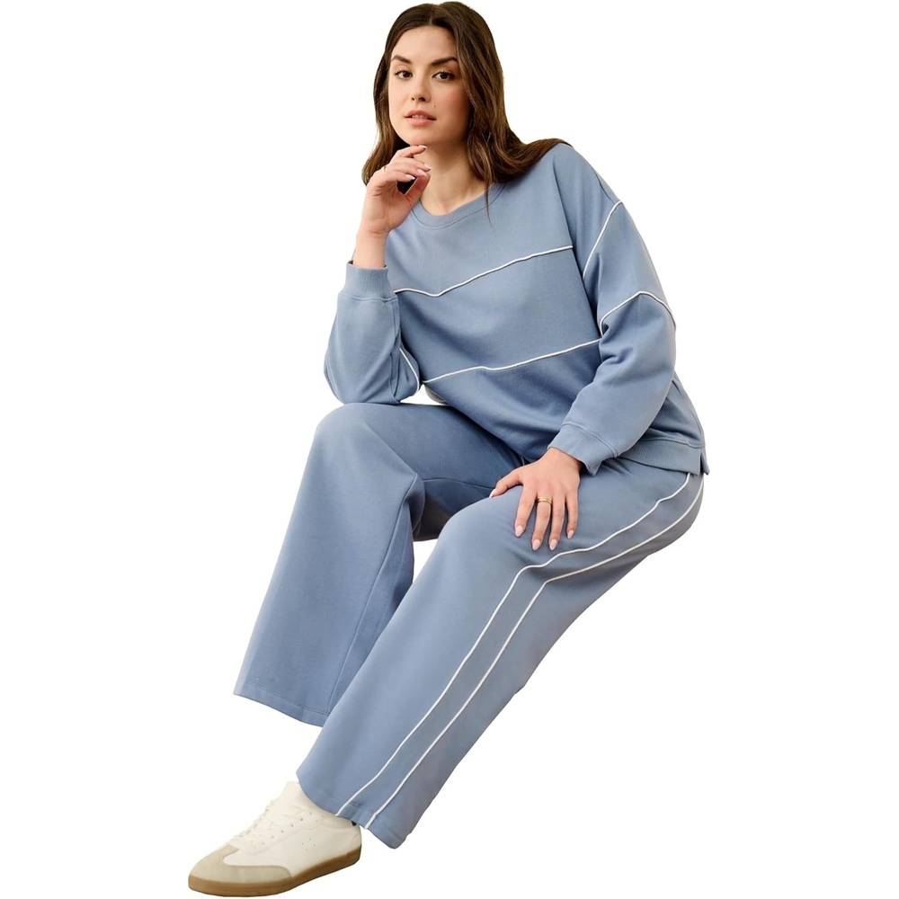 image:imageellos Plus Size Studio Piped Wide Leg Fleece SweatpantsPale Indigo