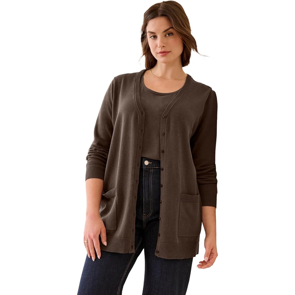 image:imageellos Plus Size VNeck ButtonFront 100 Cotton Boyfriend CardiganChocolate