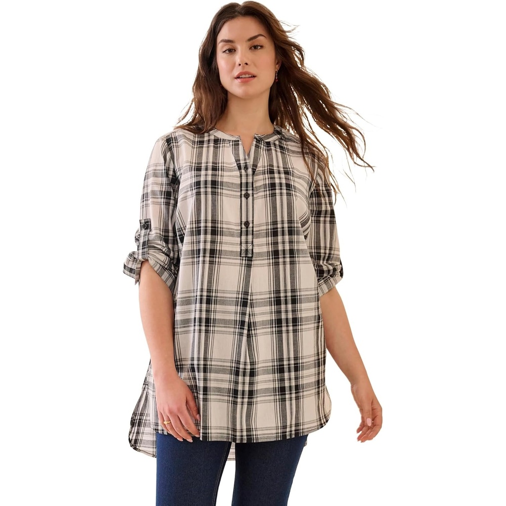 image:imageellos Womens Plus Size Striped Henley Tunic Oversized Long Top Wear with LeggingsBlack White Plaid