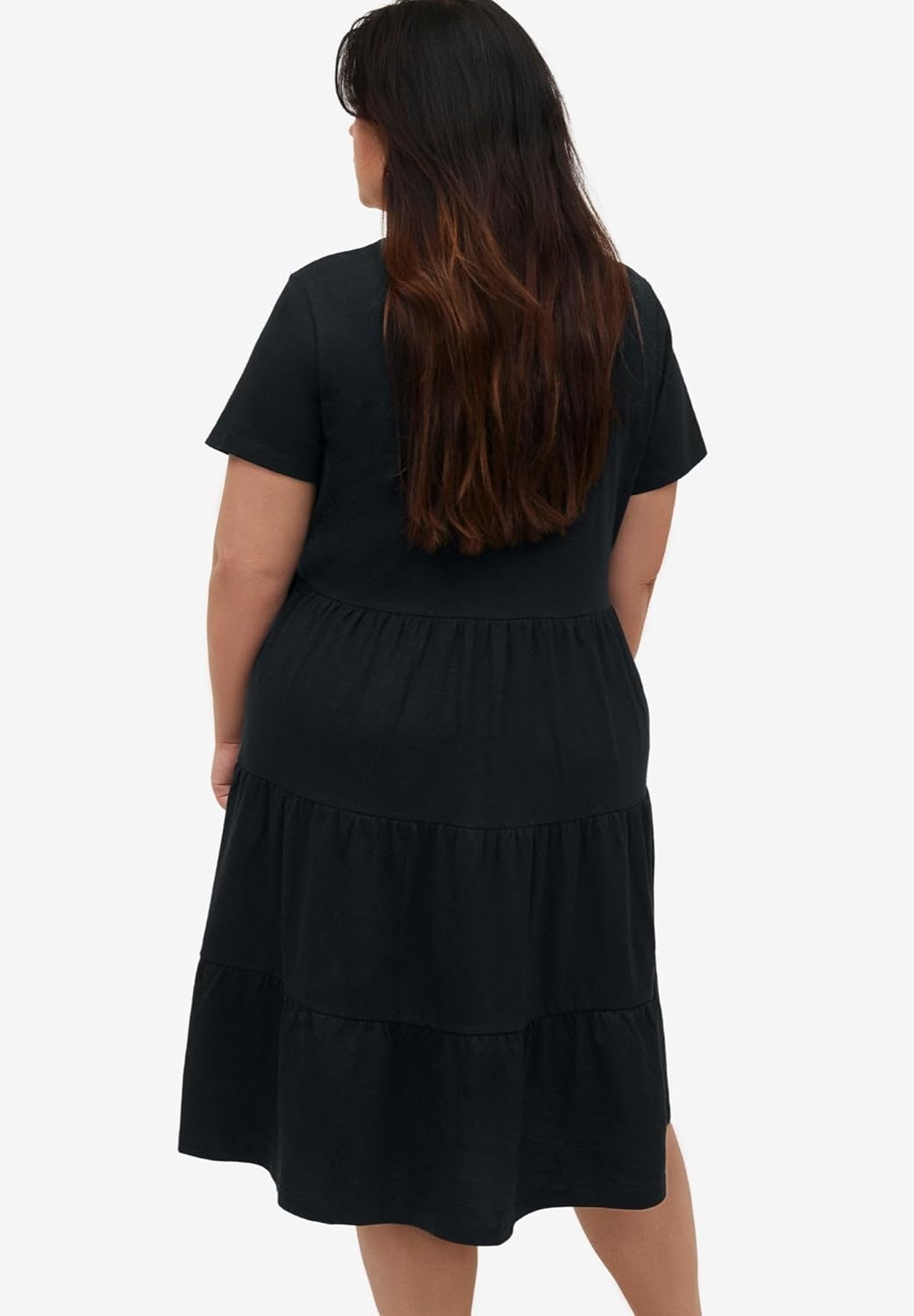 image:imageellos Plus Size Cotton Spandex VNeck Short Sleeve Tiered ALine DressBlack