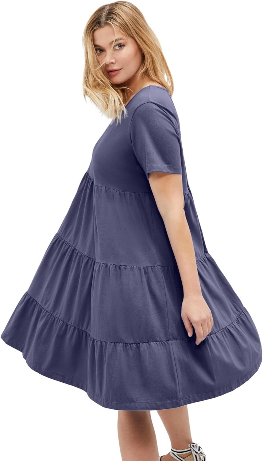 image:imageellos Plus Size Cotton Spandex VNeck Short Sleeve Tiered ALine DressDeep Dusk
