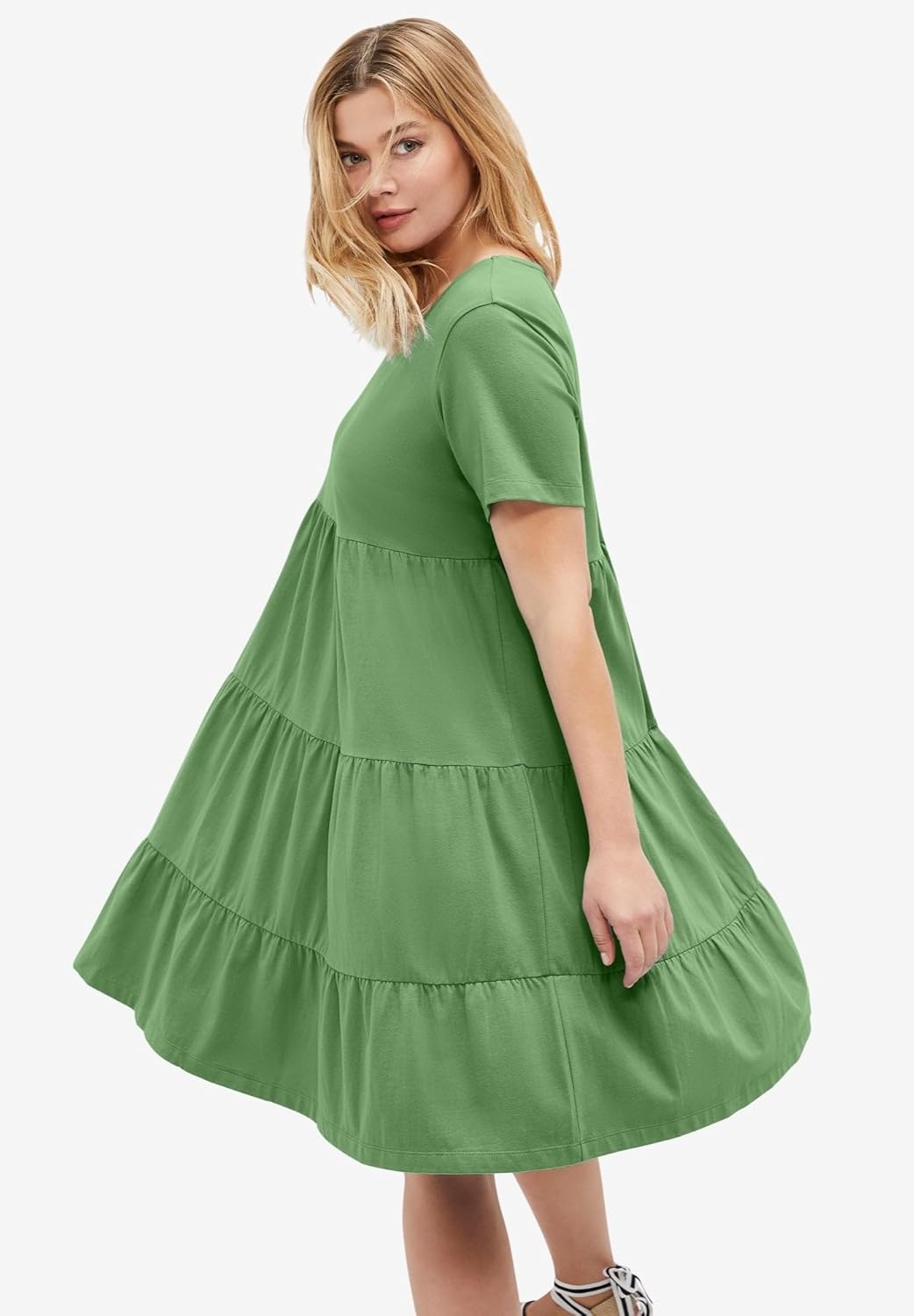 image:imageellos Plus Size Cotton Spandex VNeck Short Sleeve Tiered ALine DressOlive Drab