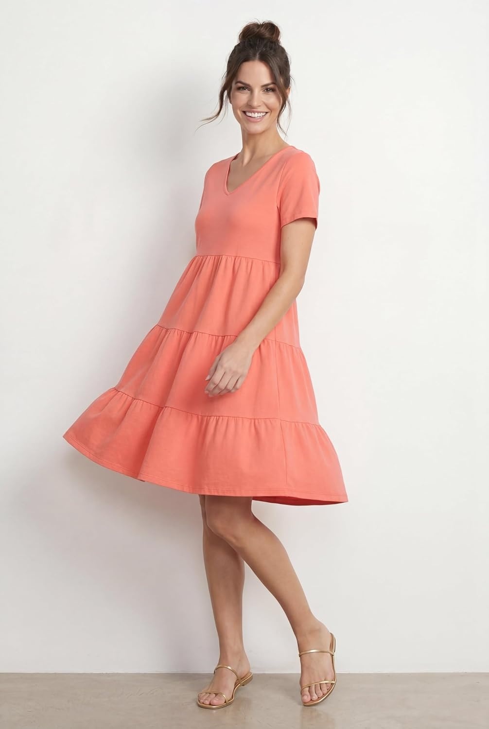 image:imageellos Plus Size Cotton Spandex VNeck Short Sleeve Tiered ALine DressSweet Coral