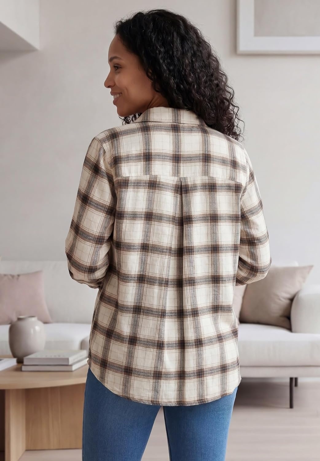 image:imageellos Plus Size Plaid Flannel ShirtIvory Taupe Plaid