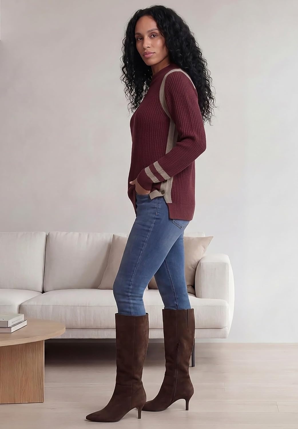 image:imageellos Plus Size Side Stripe Mockneck SweaterMerlot