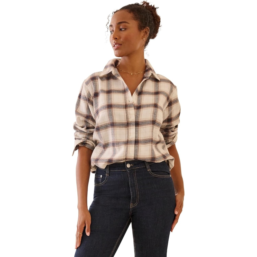 image:imageellos Plus Size Plaid Flannel ShirtIvory Taupe Plaid