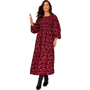 ellos Plus Size Smocked Bodice Tiered Midi Dress(Burgundy Vine Ditsy)