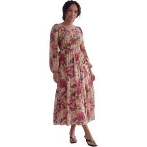 ellos Plus Size Smocked Bodice Tiered Midi Dress(Peach Petal Rose Garden)